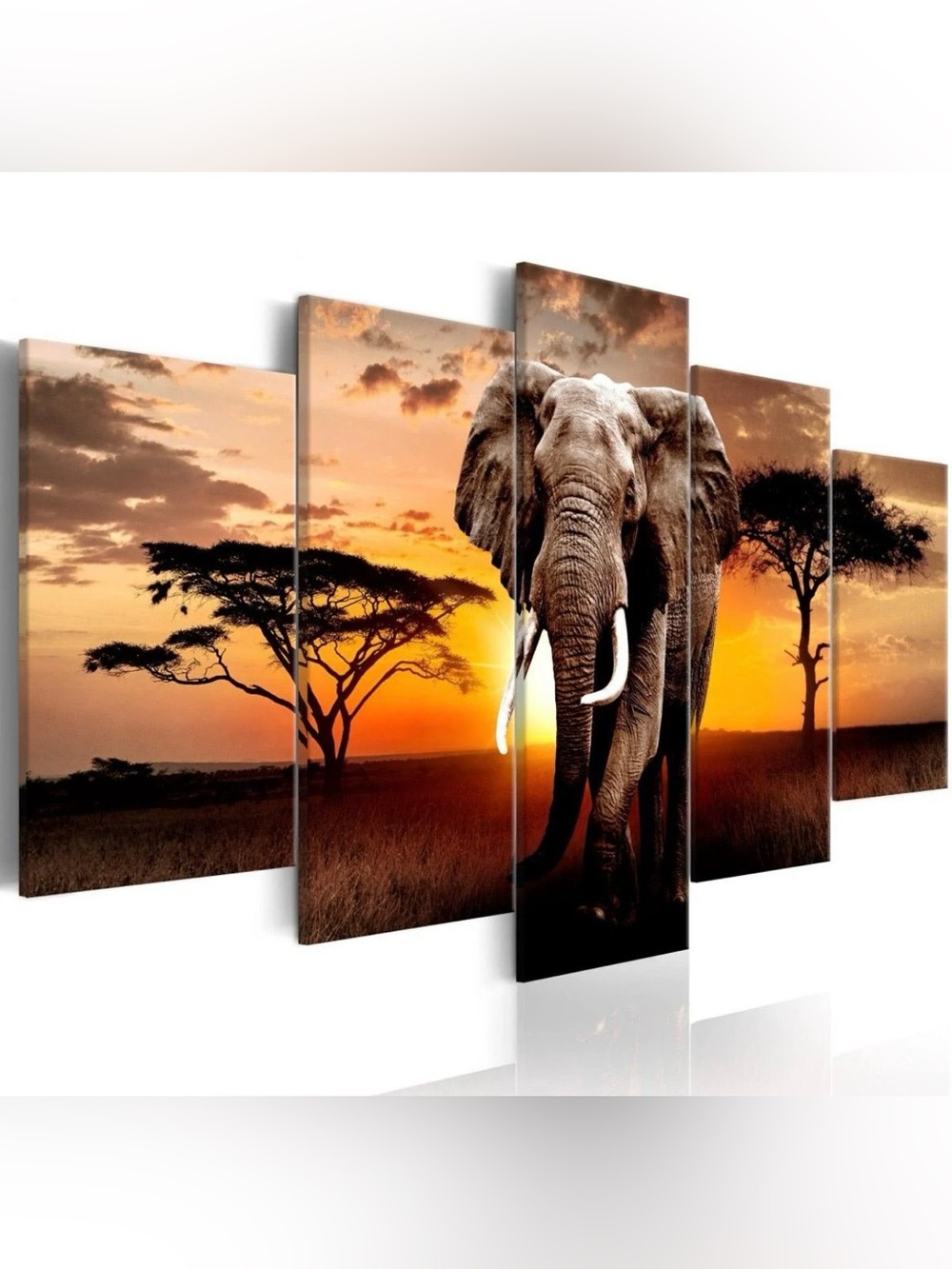 NEW 🐘 20x40” AFRICAN BULL TUSKED ELEPHANT AT SUNSET ON 5-PC CANVAS WALL PANELS